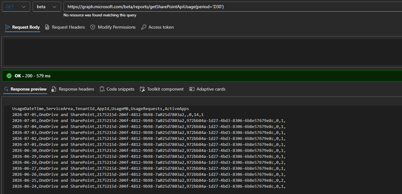 Prvo pogledajte izvještaj o korištenju SharePoint API 4 SharePointAPIUsage3